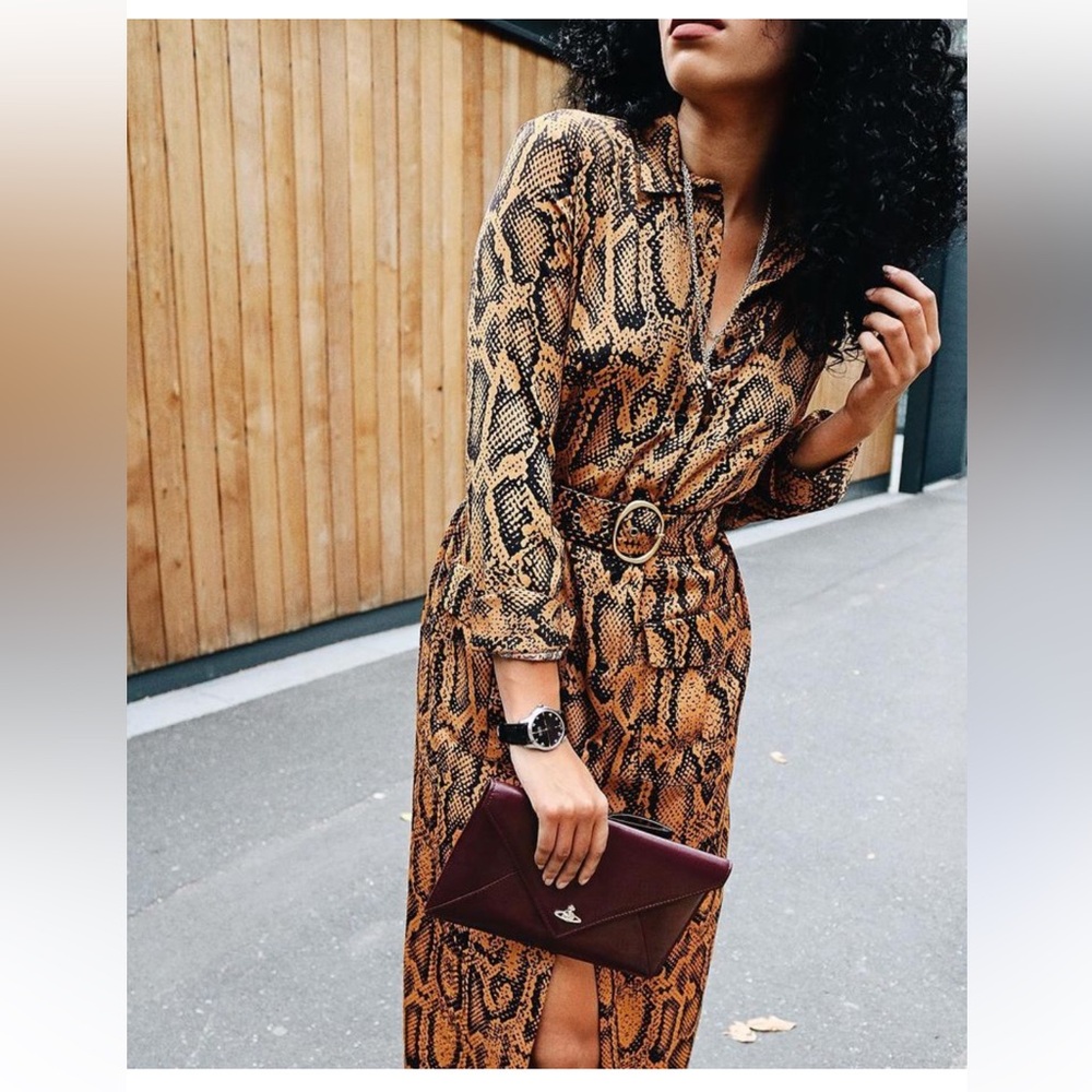 Zara Snake Skin Print  Brown Belted Midi Shirt belted Dress, Size S